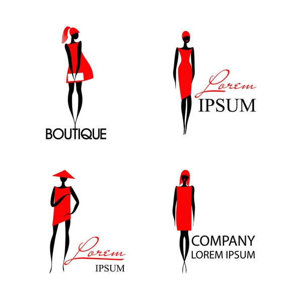 Logos with black silhouette woman in red dress — 스톡 벡터