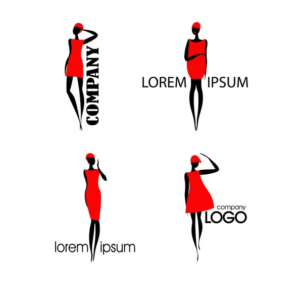 Logotipos con silueta negra mujer en vestido rojo — Vector de stock