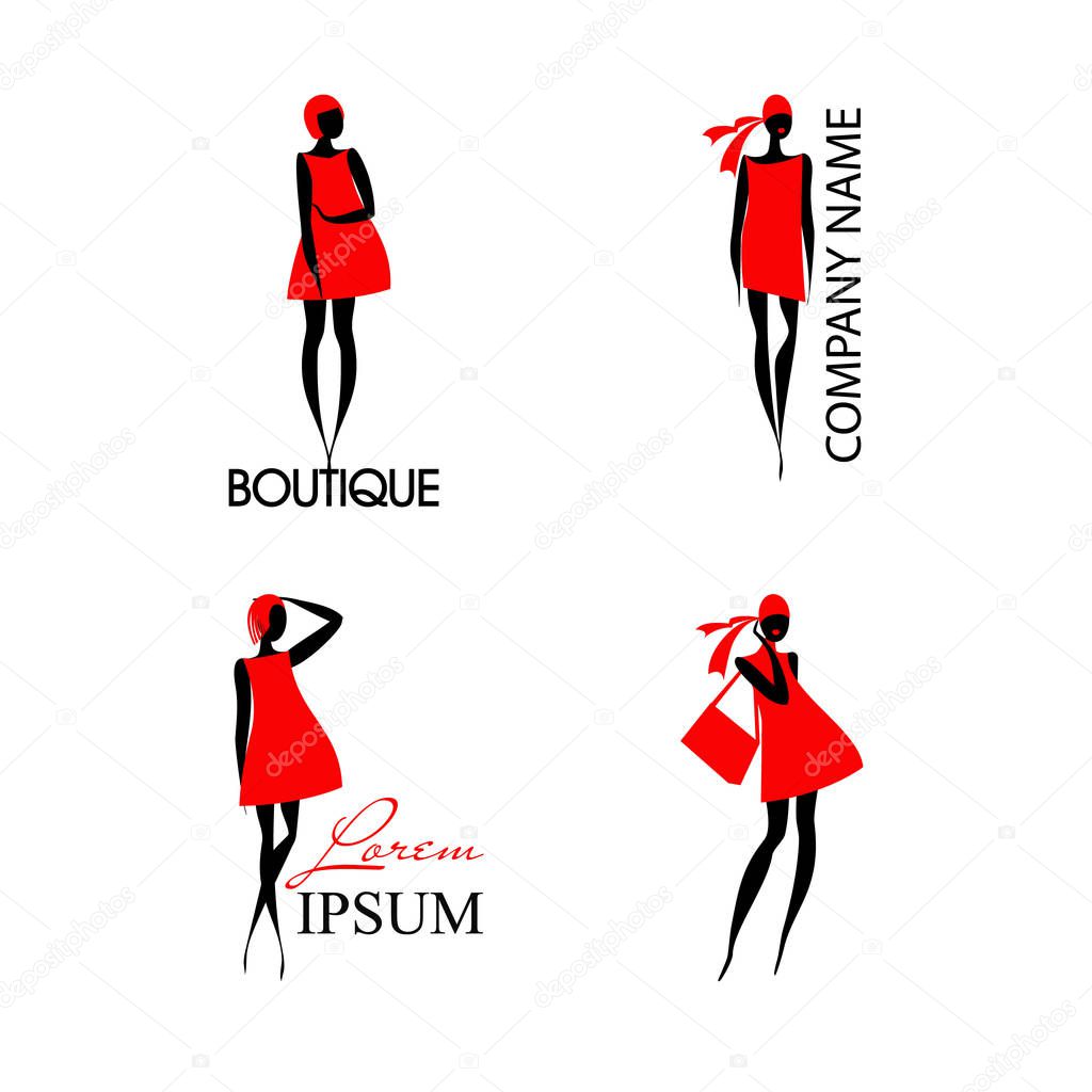 Logos with black silhouette woman in red dress