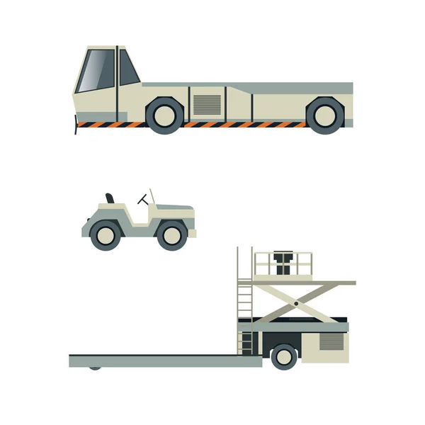 平らなスタイルで隔離された旅客空港地上技術 牽引トラック 手荷物カートのベクトルイラスト 航空ターミナル物流と空港インフラ要素 — ストックベクタ