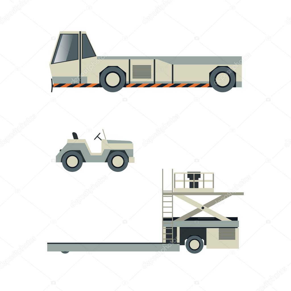 Passenger airport ground technics isolated set in flat style. Tow truck, baggage cart vector illustration. Aviation terminal logistics and airport infrastructure elements