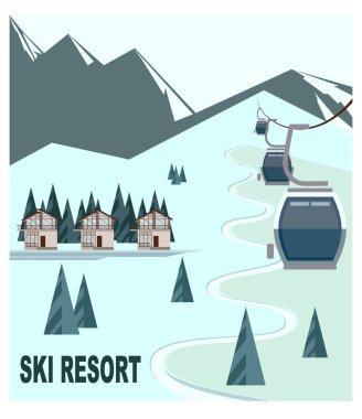 Ski resort with snow-capped mountain peaks. Cabins Ski lift for skiers and snowboarders on the background of winter snow mountains, hills, chalet, resort house. Flat vector illustration for advertising banner.