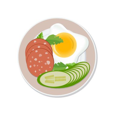Fried egg, sliced cucumbers and sausage on a plate, isolated on a white background. Food ads are used for menus, the Internet, advertising. Vector