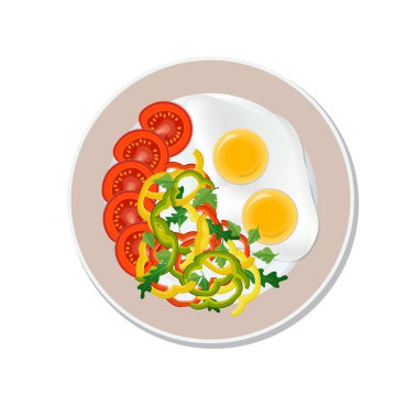 Fried egg, sliced tomato, pepper and herbs on a plate, isolated on a white background. Food ads are used for menus, Internet, and advertising. Healthy diet. Vector illustration