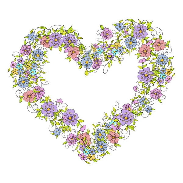 Blommig Krans Form Ett Hjärta Gjort Små Dekorativa Blommor Folklig — Stock vektor