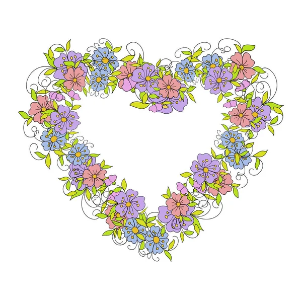 民俗スタイルの小さな装飾花で作られた心の形をした花の花輪 植物手描きイラスト用デザイングリーティングカードバレンタインデーと結婚式 — ストックベクタ