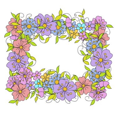 Folk tarzında dekoratif çiçeklerden yapılmış çiçek çerçevesi. Botanik el çizimi tasarım tebrik kartları sevgililer günü ve düğünler için illüstrasyon