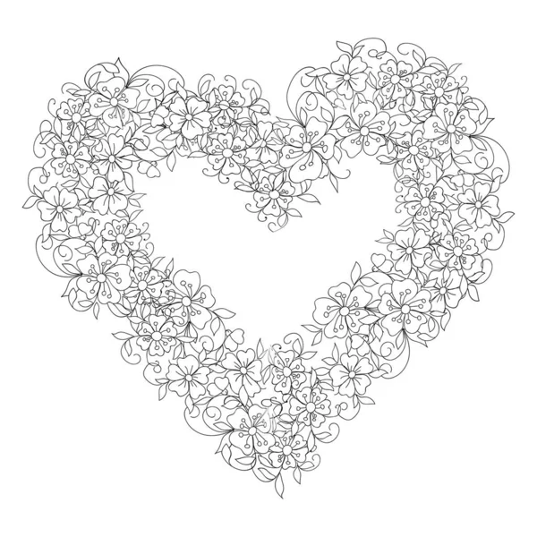Doodle Floral Wreath Shape Heart Black White Monochrome Vector Sketches — ストックベクタ