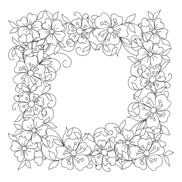 Doodle Floral Frame Black White Monochrome Vector Sketches Hand Drawn — 图库矢量图片