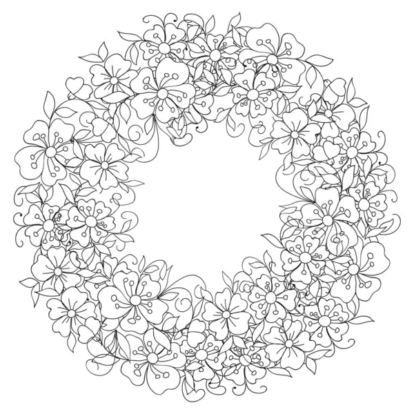 Monochrome Vector Doodle Floral Wreath Hand Drawn Flowers Folk Style — 图库矢量图片