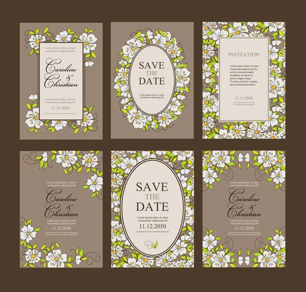 Conjunto Tarjeta Con Flores Pequeñas Prado Fantasía Simple Adorno Boda — Vector de stock