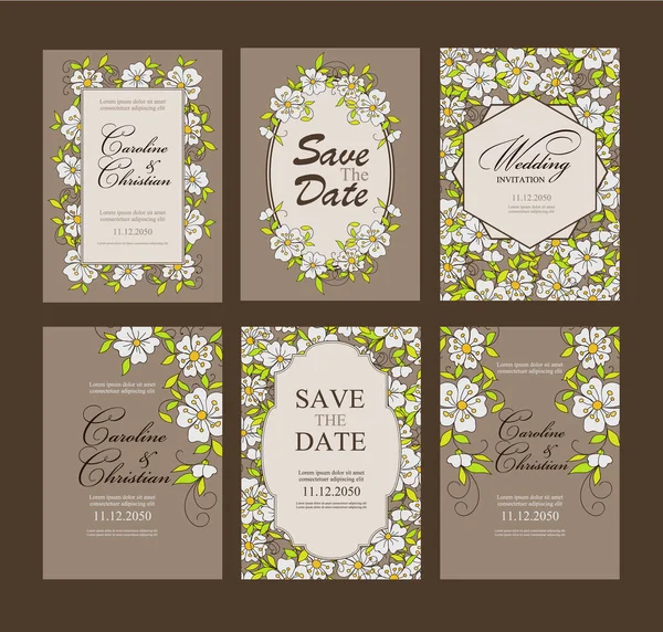 Conjunto Tarjeta Con Flores Pequeñas Prado Fantasía Simple Adorno Boda — Vector de stock