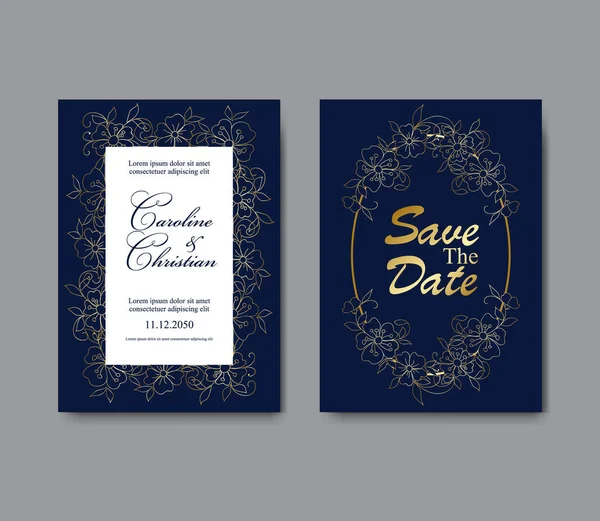 Χρυσό Και Μπλε Χαιρετισμό Πρόσκληση Κάρτα Πρότυπο Σχεδιασμό Γαμήλιο Στολίδι — Διανυσματικό Αρχείο