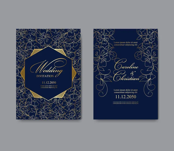 Diseño Plantilla Tarjeta Felicitación Invitación Oro Azul Adorno Boda Cumpleaños — Vector de stock