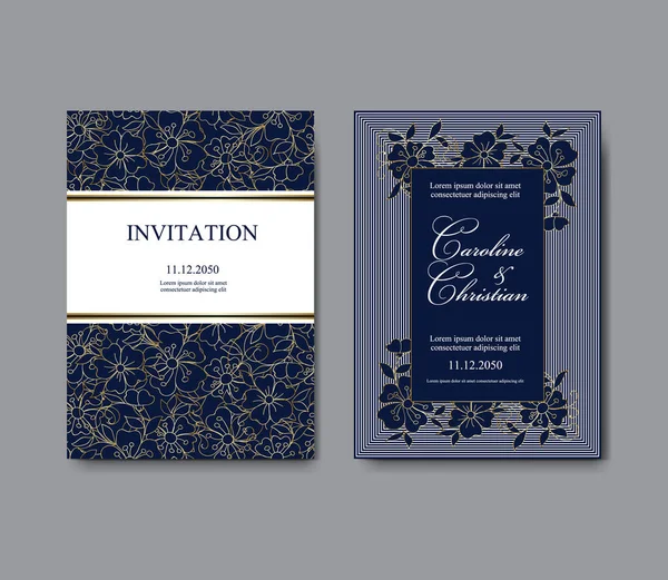 Diseño Plantilla Tarjeta Felicitación Invitación Oro Azul Adorno Boda Cumpleaños — Vector de stock