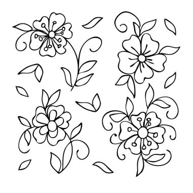 Çizgi film çiçekleri koleksiyonu. Düğün tasarımı için çiçek unsurları, doğum günü, kadın bayramı, sevgililer günü. Vektör el çizimi çizimi. Dizayn kitabı için desen, organik kozmetik paketleme