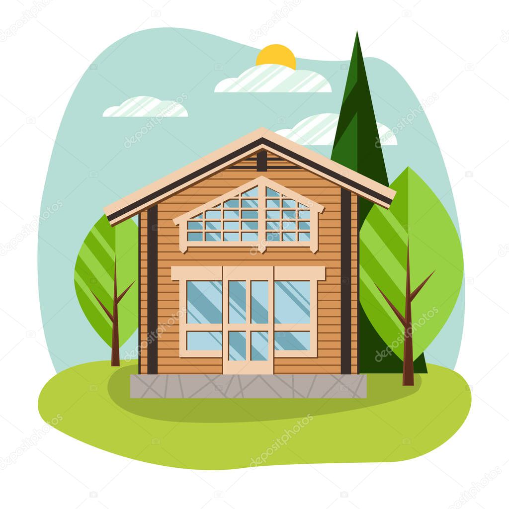 Country house. Modern flat cottage, front view. Concept acquisition or construction of real estate objects, renting a tourist home. Vector illustration