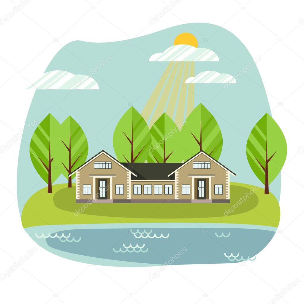 Country house. Modern flat cottage, front view. Concept acquisition or construction of real estate objects, renting a tourist home. Vector illustration