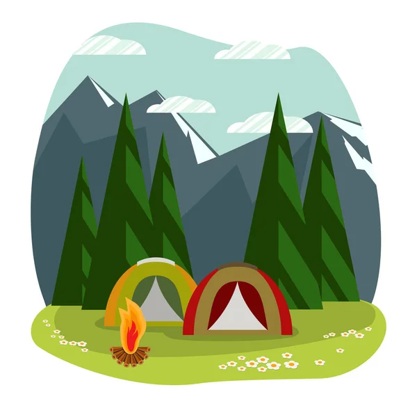 Sunny Day Landscape Illustration Flat Style Two Tents Campfire Mountains — Stock Vector