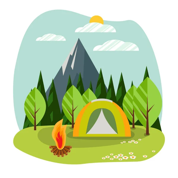 Ilustración Paisaje Día Soleado Estilo Plano Con Tienda Fogata Árboles — Vector de stock