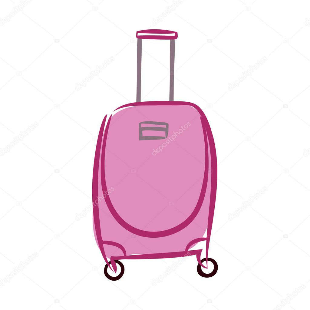 Pink plastic luggage suitcase with wheels and a retractable handle isolated on a white background. Baggage bag for vacation journey. Cartoon vector illustration for design banners, flyers, web