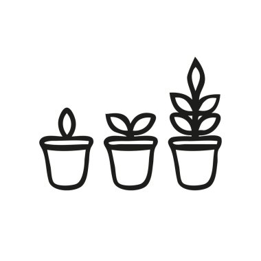 Sahne büyümesi, saksıdaki bir bitkinin yaşam döngüsü. Beyaz arkaplanda izole edilmiş vektör karalama biçimi çizimi
