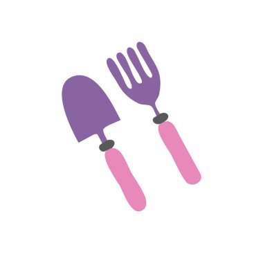 Bahçe küreği ve tırmık çatalı beyaz arka planda izole edilmiş. Düz bir şekilde kazmak ve tırmıklamak için ekipman. Çiftçilik ve bahçe aletleri, küçük maça.