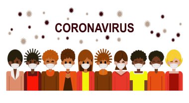 Roman Çin Coronavirüs 2019 nCoV. Hastalıkları önlemek için beyaz tıbbi maskeli bir grup insan. Vektör illüstrasyonu