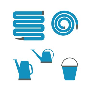 Bahçe hortumu, yangın hortumu, kova ve sulama için çeşitli bahçe aletleri seti. Düz biçimli vektör illüstrasyonu