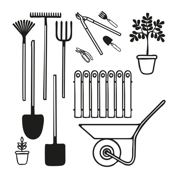 Ensemble Divers Outils Jardinage Truelle Sécateurs Arbres Fourche Râteau Pour Graphismes Vectoriels