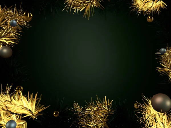 Fondo navideño oropel dorado y verde con bolas en círculo . —  Fotos de Stock