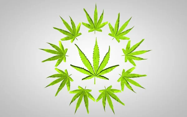 Marihuana 3d illustration. Stort blad i en cirkel af små blade. På grå baggrund med svag vignet . - Stock-foto