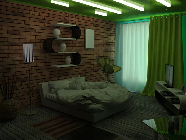 3D-Interieur eines modernen Schlafzimmers. — Stockfoto
