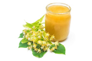 Bal ve ıhlamur beyaz arka plan üzerinde izole. Faydalı ve sağlık