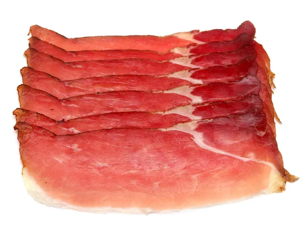 Trozos de jamón aislados sobre fondo blanco. Carne, tocino. Puesta plana —  Fotos de Stock
