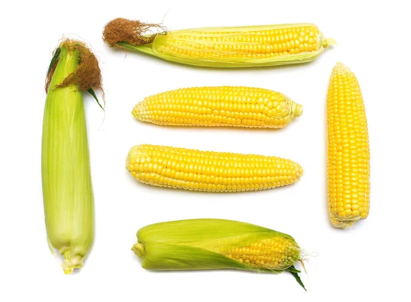 Corn with skin or without skin isolated on white background. A c — Stock Photo, Image