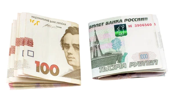 Сто Гривен Украинской Национальной Валюты Тысяча Рублей Российской Выделены Белом — стоковое фото