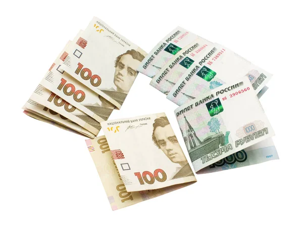 Сто Гривен Украинской Национальной Валюты Тысяча Рублей Российской Выделены Белом — стоковое фото