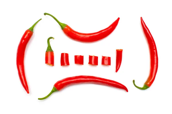 Gyűjtemény Piros Chili Paprika Elszigetelt Fehér Background Szeletekre Vágjuk Kreatív — Stock Fotó