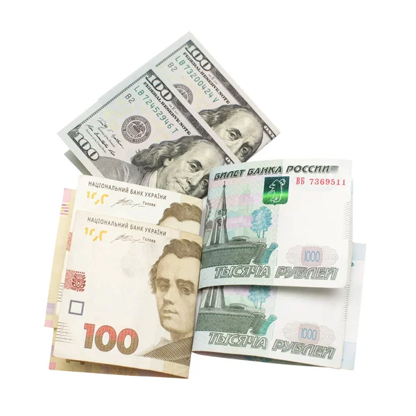 Сто Долларов Американских Банкнот Сто Украинских Гривен Тысяча Российских Рублей — стоковое фото