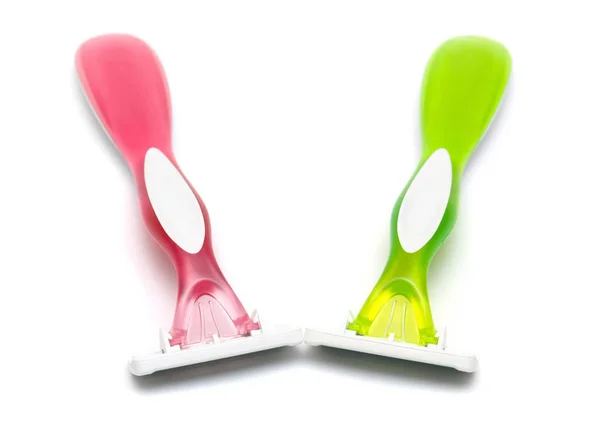 Two Green Pink Lady Shaver White Background Flat Lay Top — Stock Photo, Image