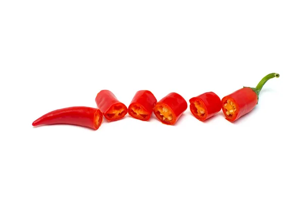 Красный Перец Чили Разрезанный Ломтики Выделенные Белом Фоне Креативный Острый Стоковое Фото