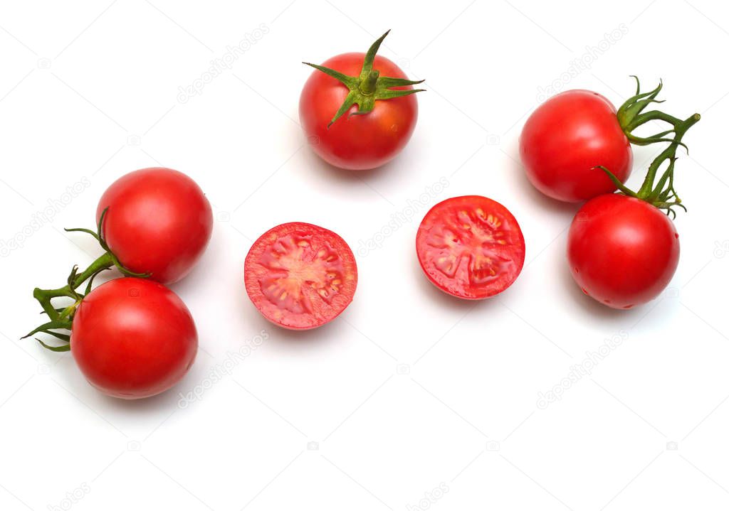 Tomatoes collection of whole and sliced isolated on white background. Tasty and healthy food. Flat lay, top view 