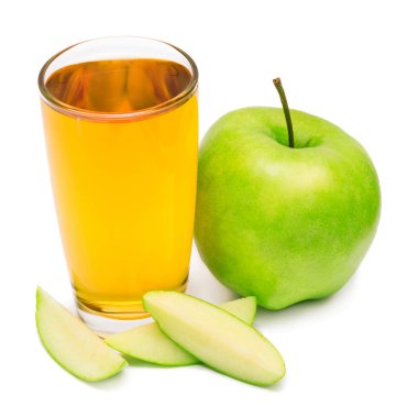 Apple juice and apple slices isolated on white background clipart