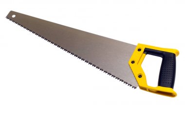 Hand saw isolated on white background. Hacksaw on wood. Flat lay, top view clipart