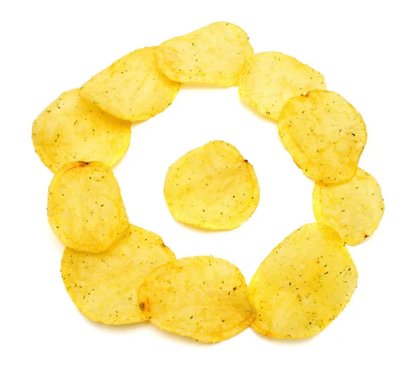 Potatischips Isolerad Vit Bakgrund Platt Lekmanna Top View Marker Runda — Stockfoto