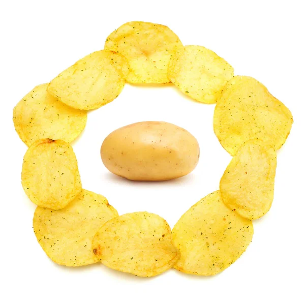 Landwirtschaft Kartoffelchips Und Rohe Kartoffeln Isoliert Auf Weißem Hintergrund Flache — Stockfoto