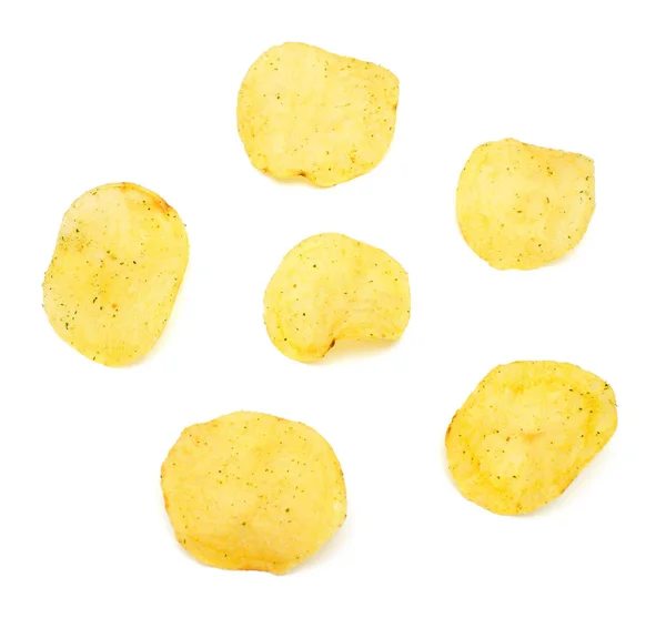 Batatas Fritas Isoladas Fundo Branco Deitado Plano Vista Superior Chips — Fotografia de Stock