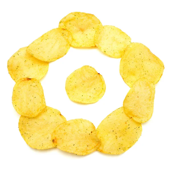 Potatischips Isolerad Vit Bakgrund Platt Lekmanna Top View Marker Runda — Stockfoto