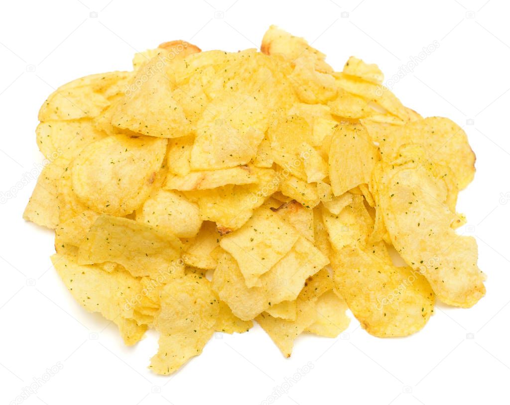 Potato chips isolated on white background. Flat lay, top view 